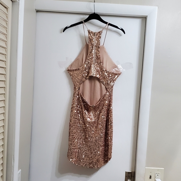Golden Champagne Sequined Glitter Cutout Evening Mini Dress 👗 - Picture 10 of 15